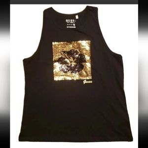 GUESS SHAMROCK Black Tank Top w Gold Shimmery  4 Leaf Clover  XL